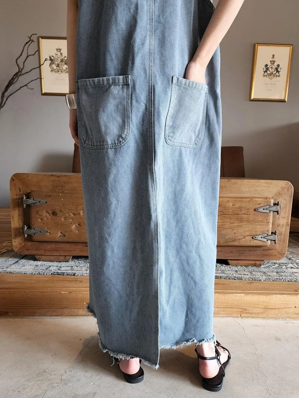 chouyatou Women's Adjustable Strap Frayed Denim Overall Dress A-Line Jean Jumper Pinafore Dress with Split