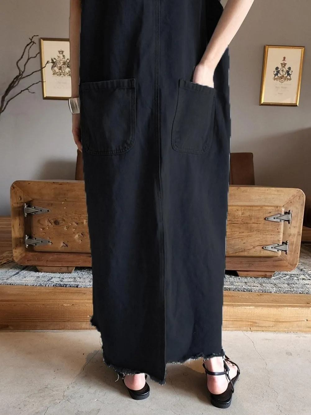 chouyatou Women's Adjustable Strap Frayed Denim Overall Dress A-Line Jean Jumper Pinafore Dress with Split
