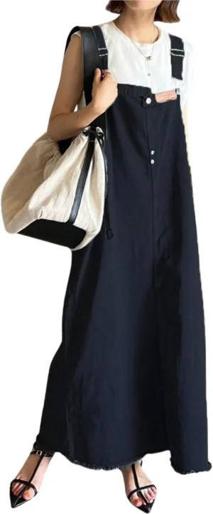 chouyatou Women's Adjustable Strap Frayed Denim Overall Dress A-Line Jean Jumper Pinafore Dress with Split