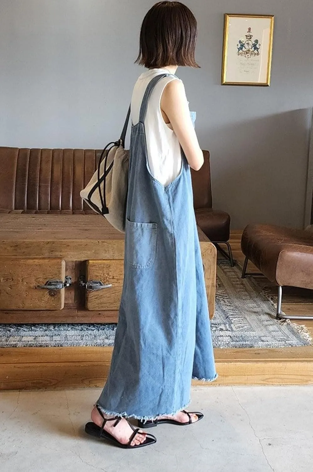 chouyatou Women's Adjustable Strap Frayed Denim Overall Dress A-Line Jean Jumper Pinafore Dress with Split