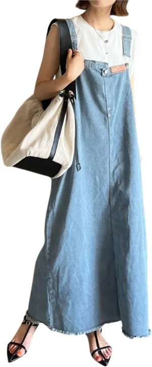 chouyatou Women's Adjustable Strap Frayed Denim Overall Dress A-Line Jean Jumper Pinafore Dress with Split