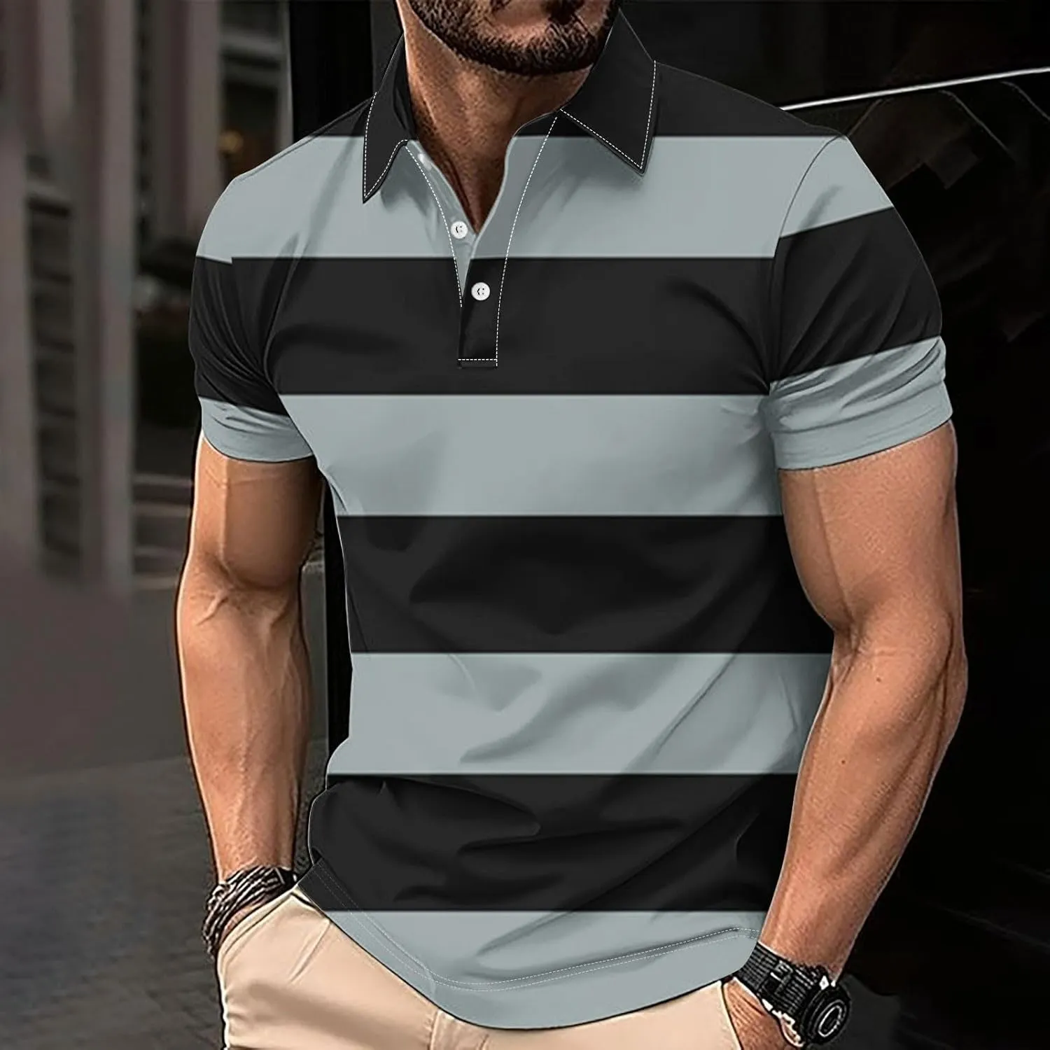 Color Block Golf Shirts for Men Short Sleeve Regular Fit Moisture Wicking Performance Casual Striped Mens Polo Shirts