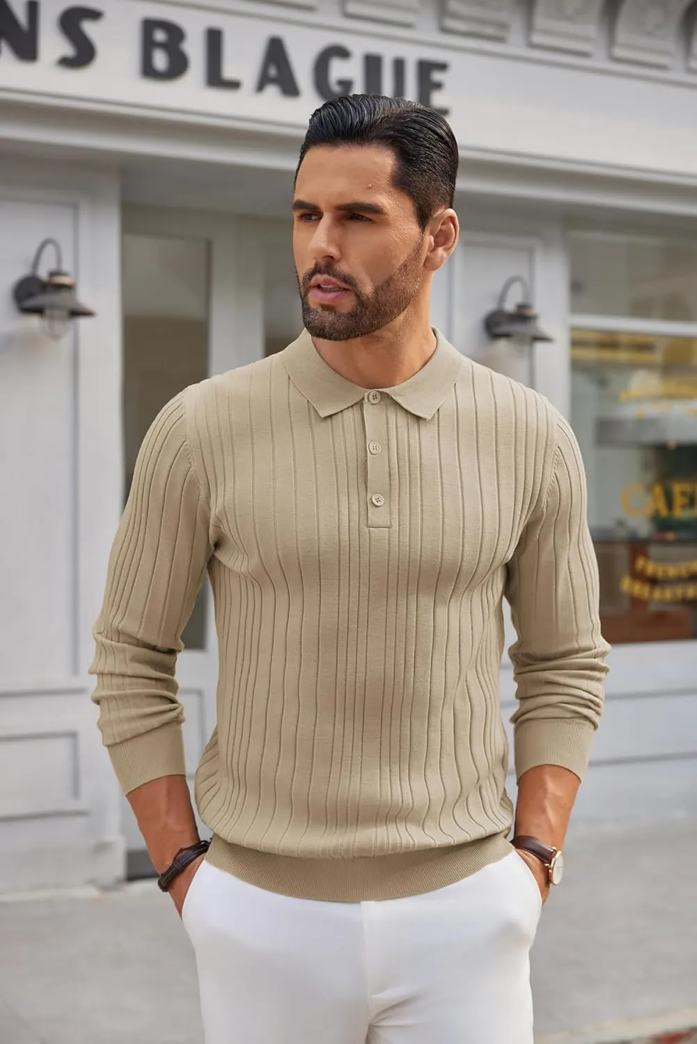 COOFANDY Men's Knit Polo Shirts Long Sleeve Casual Button Down Ribbed Polo Shirt Fashion Golf Shirts