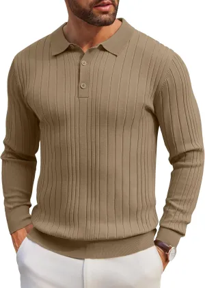COOFANDY Men's Knit Polo Shirts Long Sleeve Casual Button Down Ribbed Polo Shirt Fashion Golf Shirts