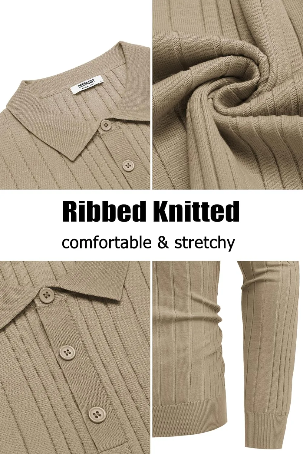 COOFANDY Men's Knit Polo Shirts Long Sleeve Casual Button Down Ribbed Polo Shirt Fashion Golf Shirts
