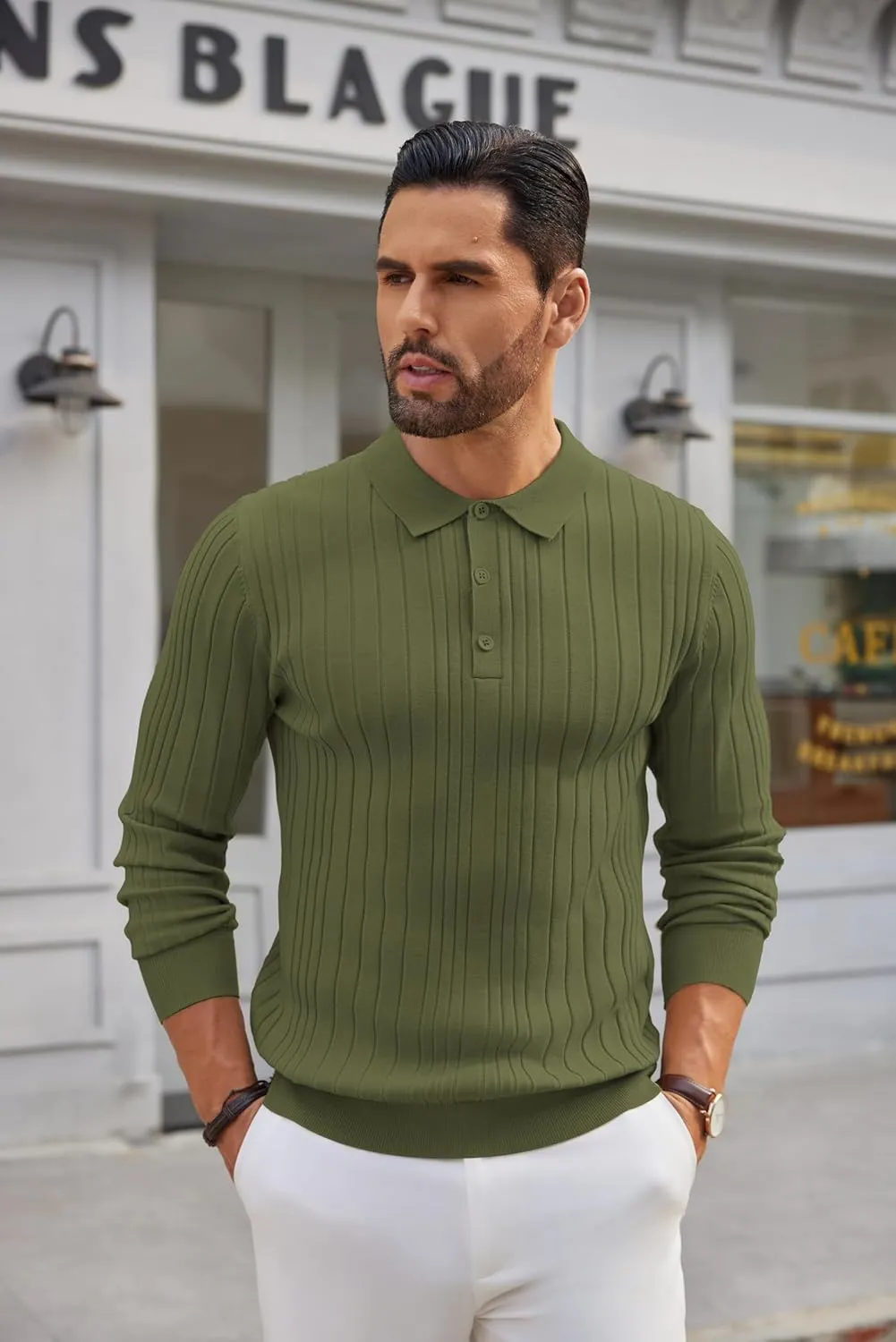 COOFANDY Men's Knit Polo Shirts Long Sleeve Casual Button Down Ribbed Polo Shirt Fashion Golf Shirts
