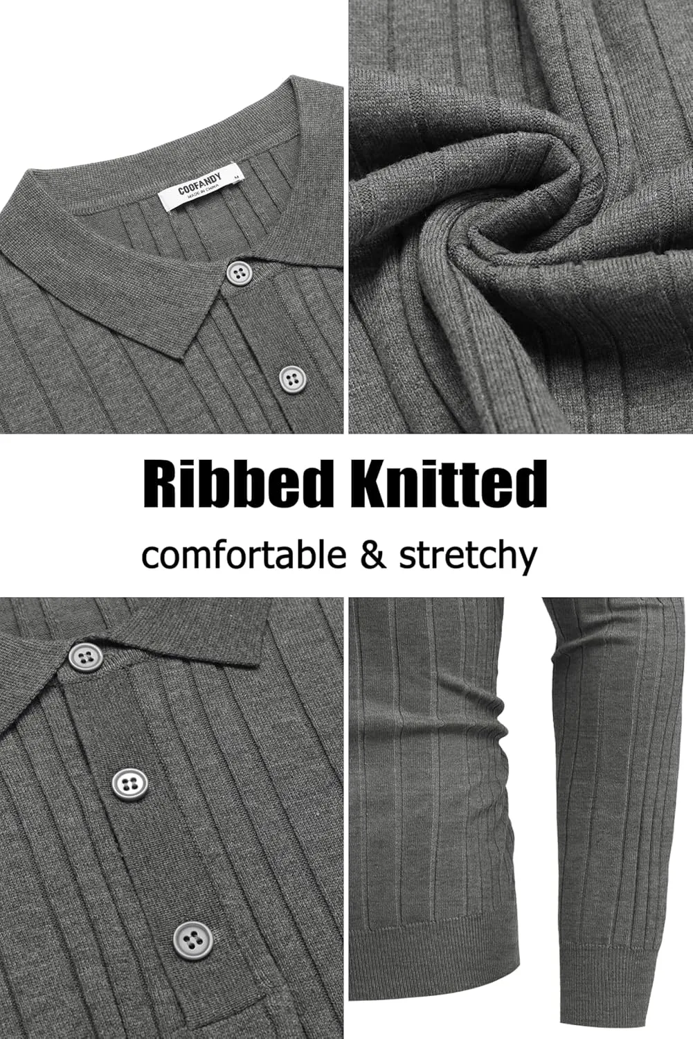 COOFANDY Men's Knit Polo Shirts Long Sleeve Casual Button Down Ribbed Polo Shirt Fashion Golf Shirts