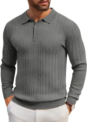 COOFANDY Men's Knit Polo Shirts Long Sleeve Casual Button Down Ribbed Polo Shirt Fashion Golf Shirts