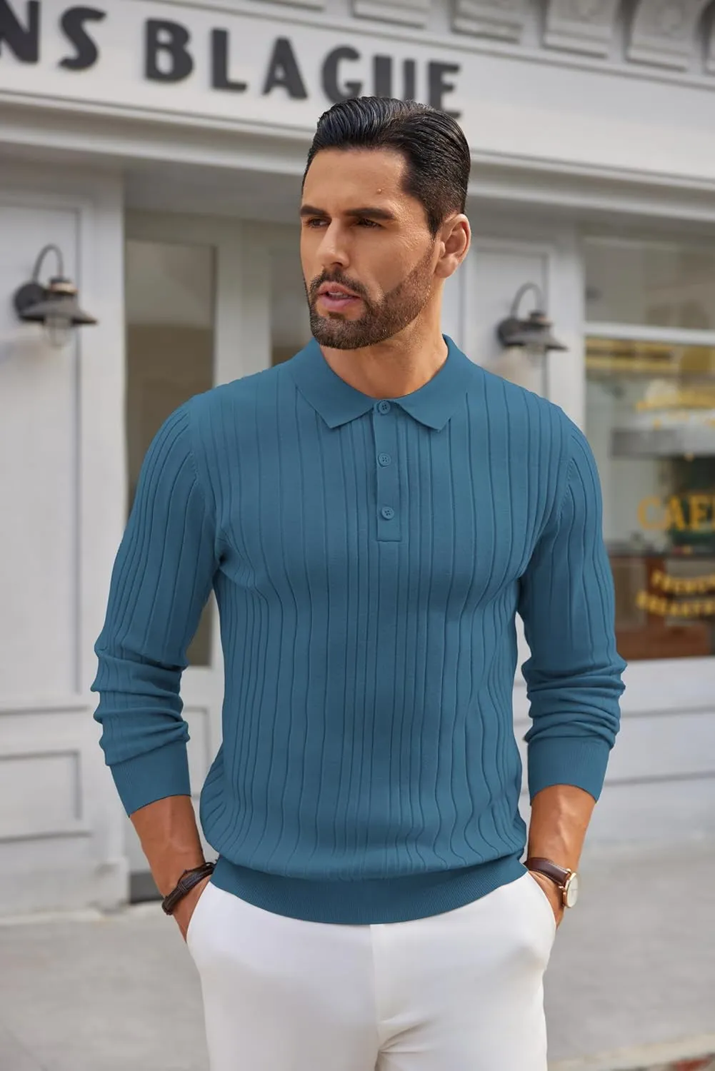 COOFANDY Men's Knit Polo Shirts Long Sleeve Casual Button Down Ribbed Polo Shirt Fashion Golf Shirts