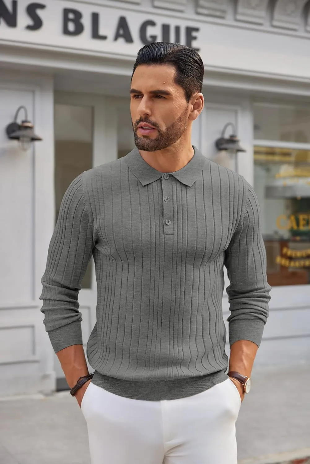 COOFANDY Men's Knit Polo Shirts Long Sleeve Casual Button Down Ribbed Polo Shirt Fashion Golf Shirts
