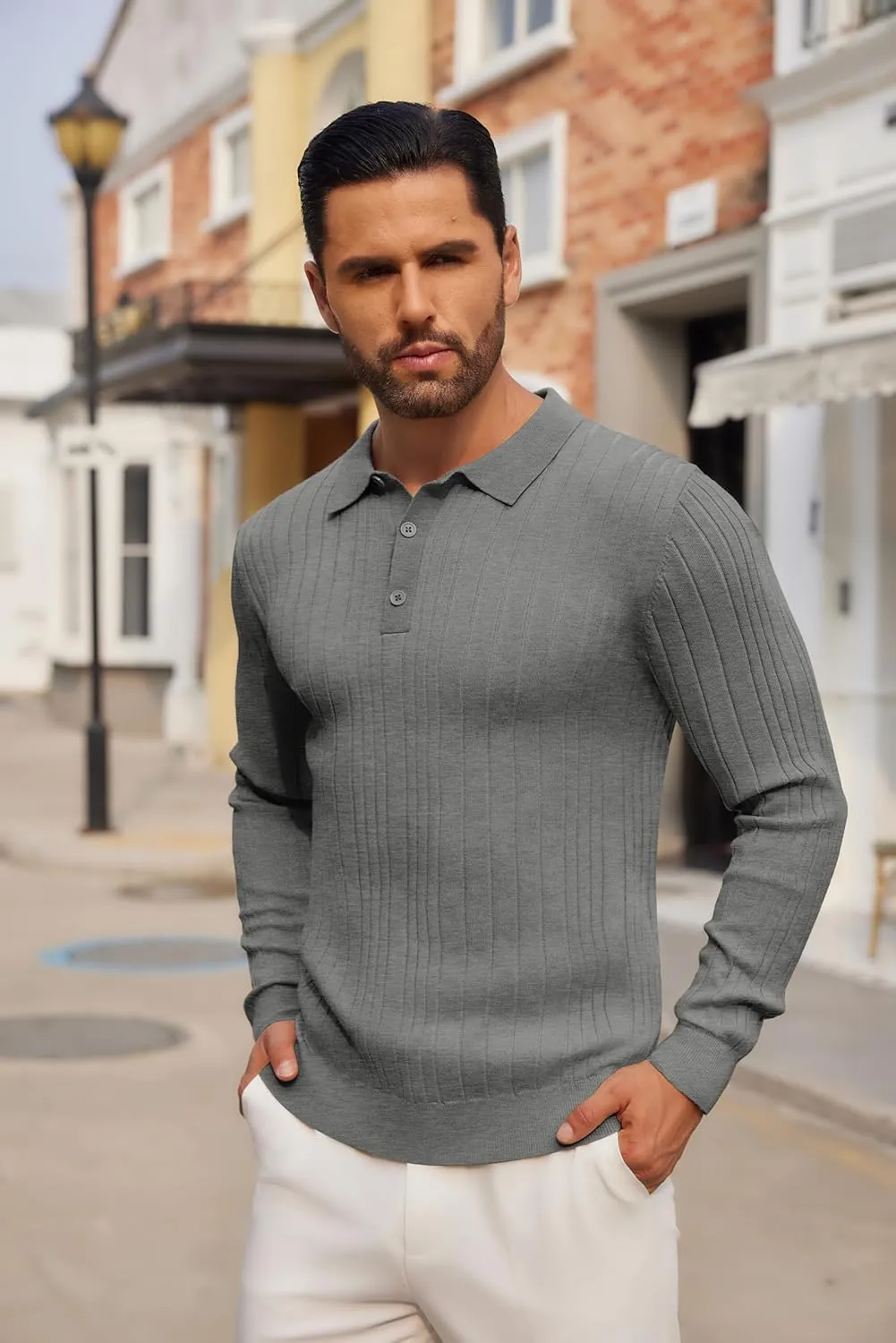 COOFANDY Men's Knit Polo Shirts Long Sleeve Casual Button Down Ribbed Polo Shirt Fashion Golf Shirts