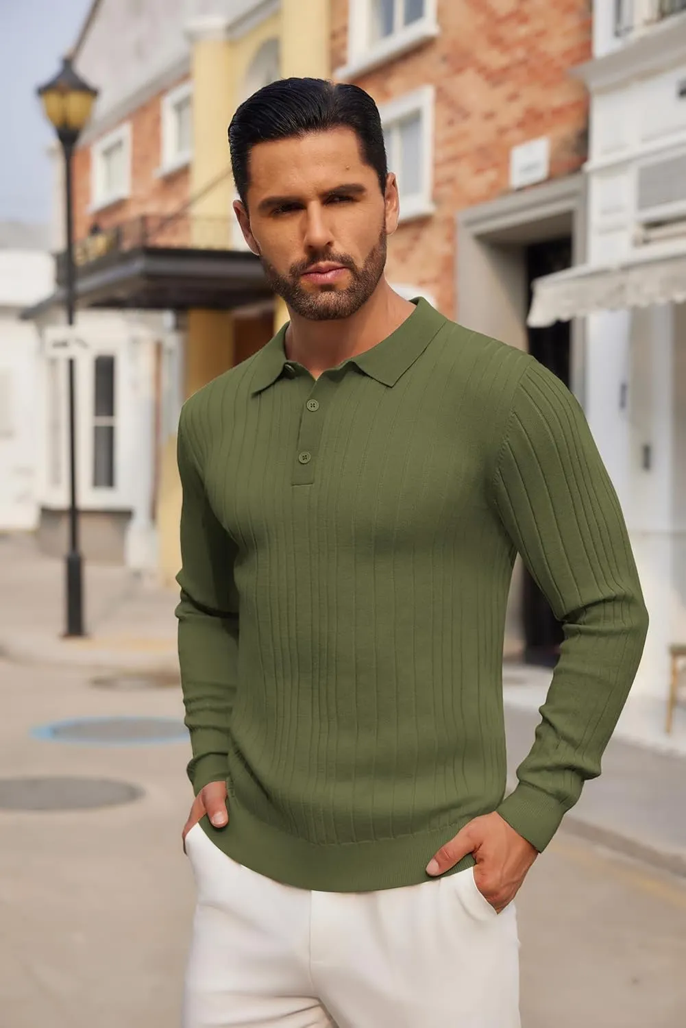 COOFANDY Men's Knit Polo Shirts Long Sleeve Casual Button Down Ribbed Polo Shirt Fashion Golf Shirts