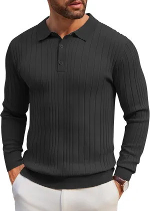COOFANDY Men's Knit Polo Shirts Long Sleeve Casual Button Down Ribbed Polo Shirt Fashion Golf Shirts