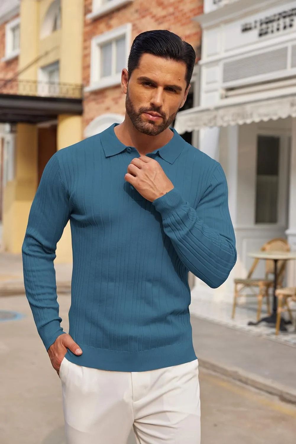 COOFANDY Men's Knit Polo Shirts Long Sleeve Casual Button Down Ribbed Polo Shirt Fashion Golf Shirts