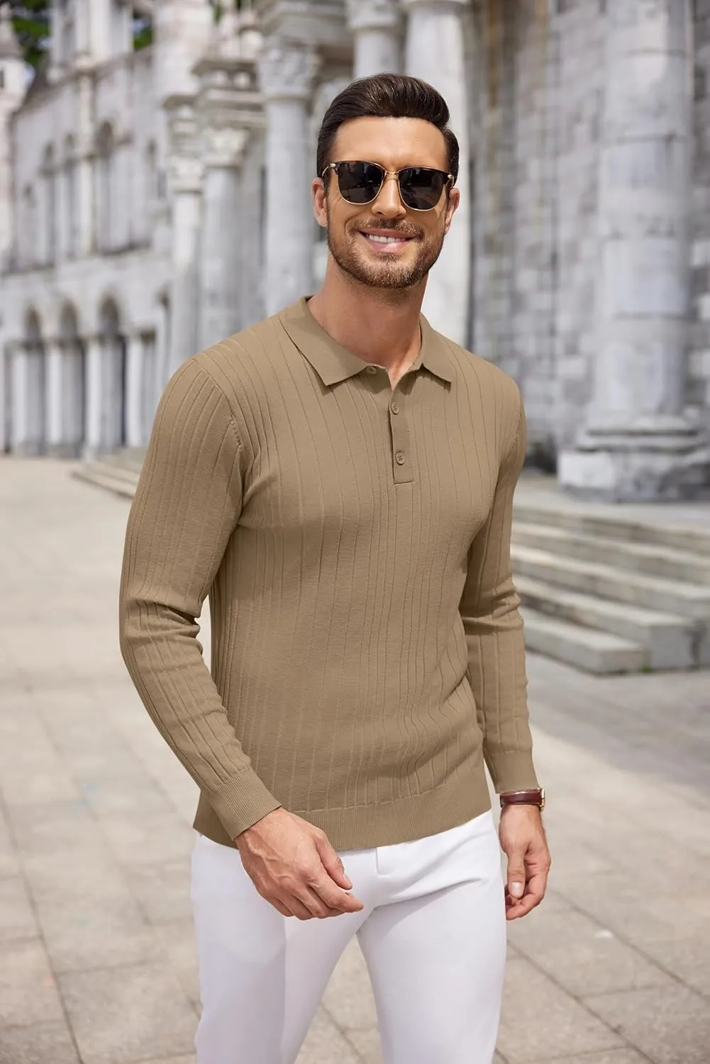 COOFANDY Men's Knit Polo Shirts Long Sleeve Casual Button Down Ribbed Polo Shirt Fashion Golf Shirts