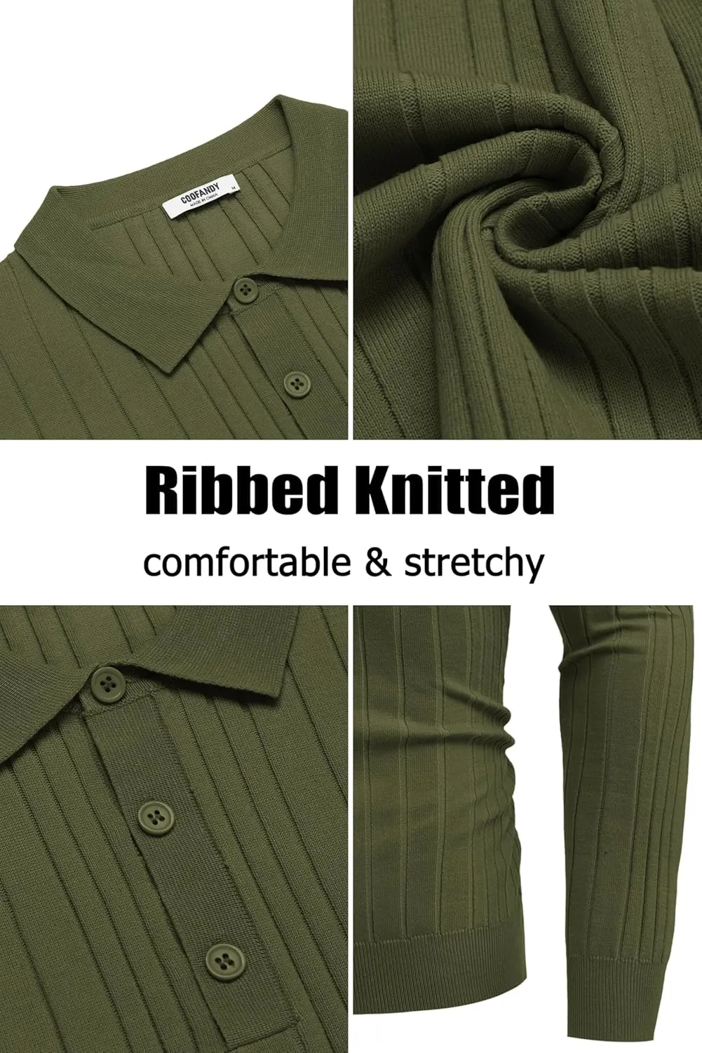 COOFANDY Men's Knit Polo Shirts Long Sleeve Casual Button Down Ribbed Polo Shirt Fashion Golf Shirts
