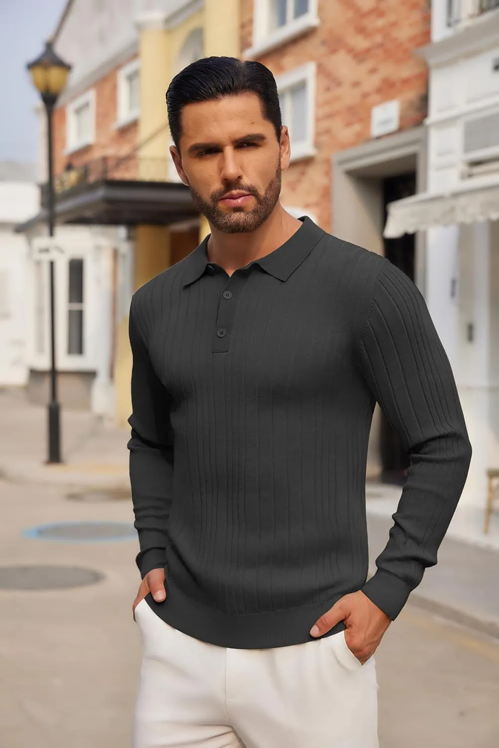 COOFANDY Men's Knit Polo Shirts Long Sleeve Casual Button Down Ribbed Polo Shirt Fashion Golf Shirts