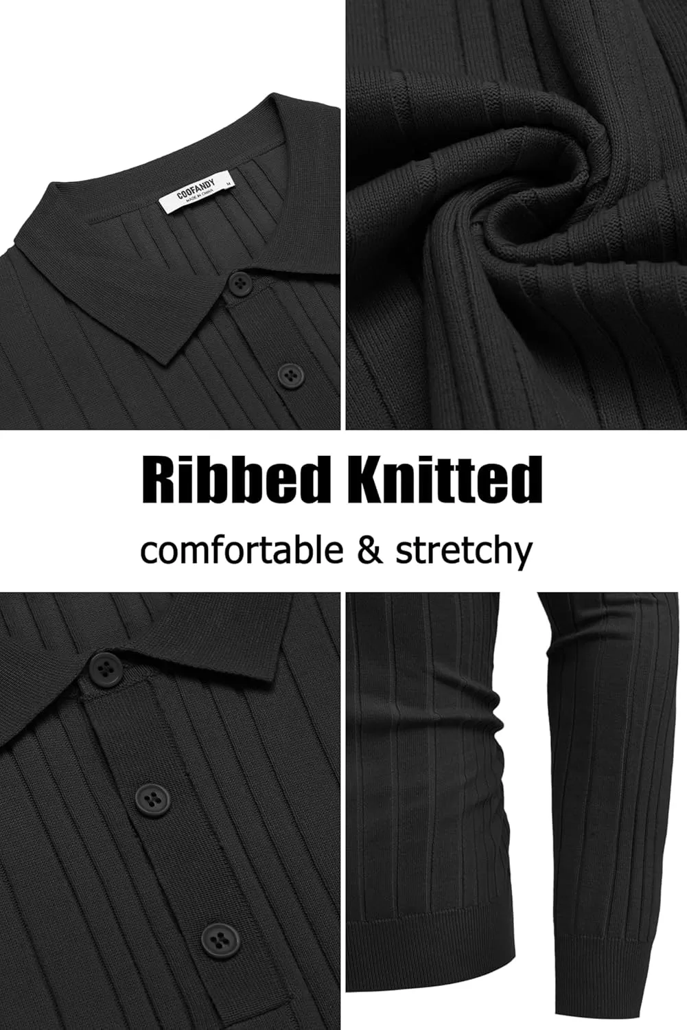 COOFANDY Men's Knit Polo Shirts Long Sleeve Casual Button Down Ribbed Polo Shirt Fashion Golf Shirts