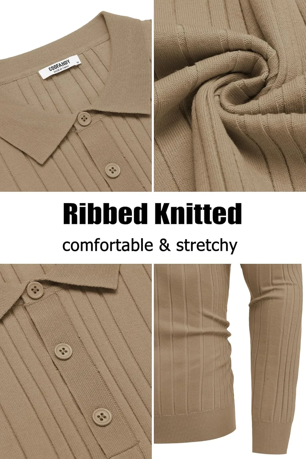 COOFANDY Men's Knit Polo Shirts Long Sleeve Casual Button Down Ribbed Polo Shirt Fashion Golf Shirts