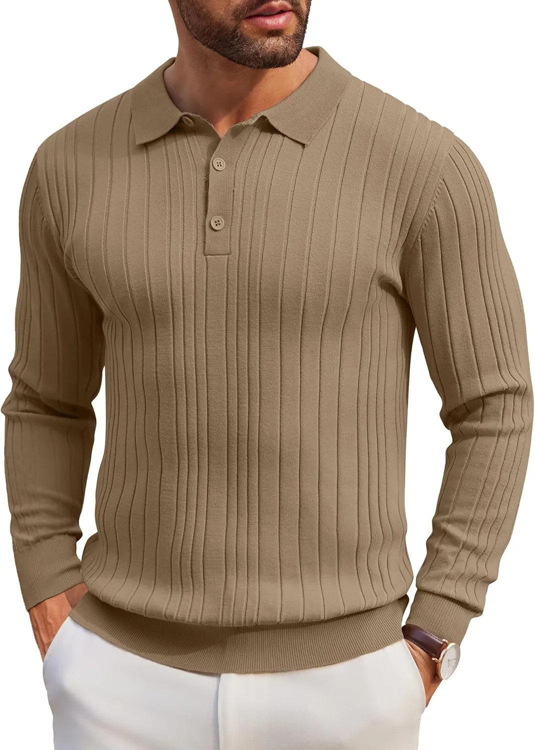 COOFANDY Men's Knit Polo Shirts Long Sleeve Casual Button Down Ribbed Polo Shirt Fashion Golf Shirts