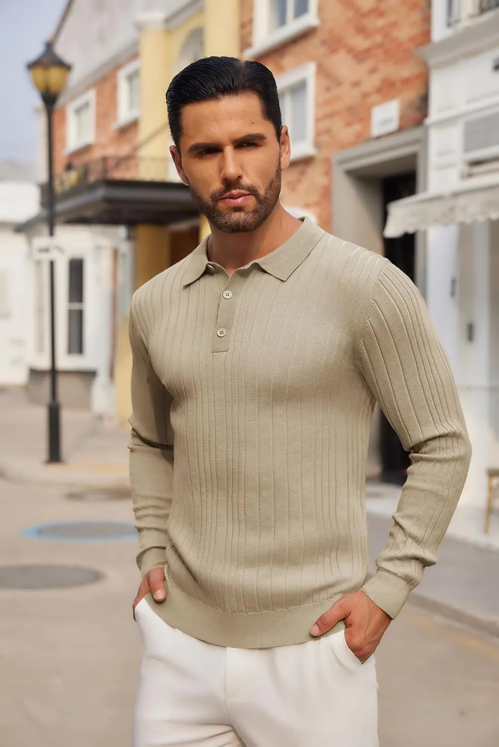 COOFANDY Men's Knit Polo Shirts Long Sleeve Casual Button Down Ribbed Polo Shirt Fashion Golf Shirts