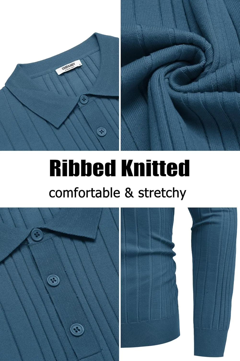 COOFANDY Men's Knit Polo Shirts Long Sleeve Casual Button Down Ribbed Polo Shirt Fashion Golf Shirts