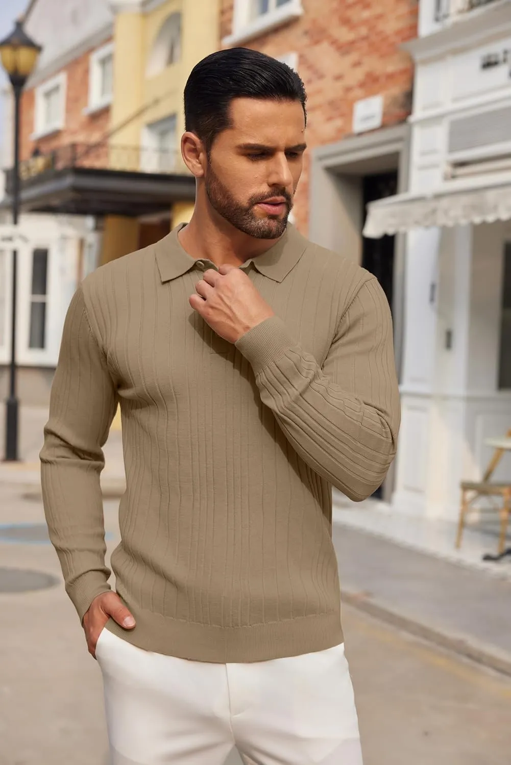 COOFANDY Men's Knit Polo Shirts Long Sleeve Casual Button Down Ribbed Polo Shirt Fashion Golf Shirts