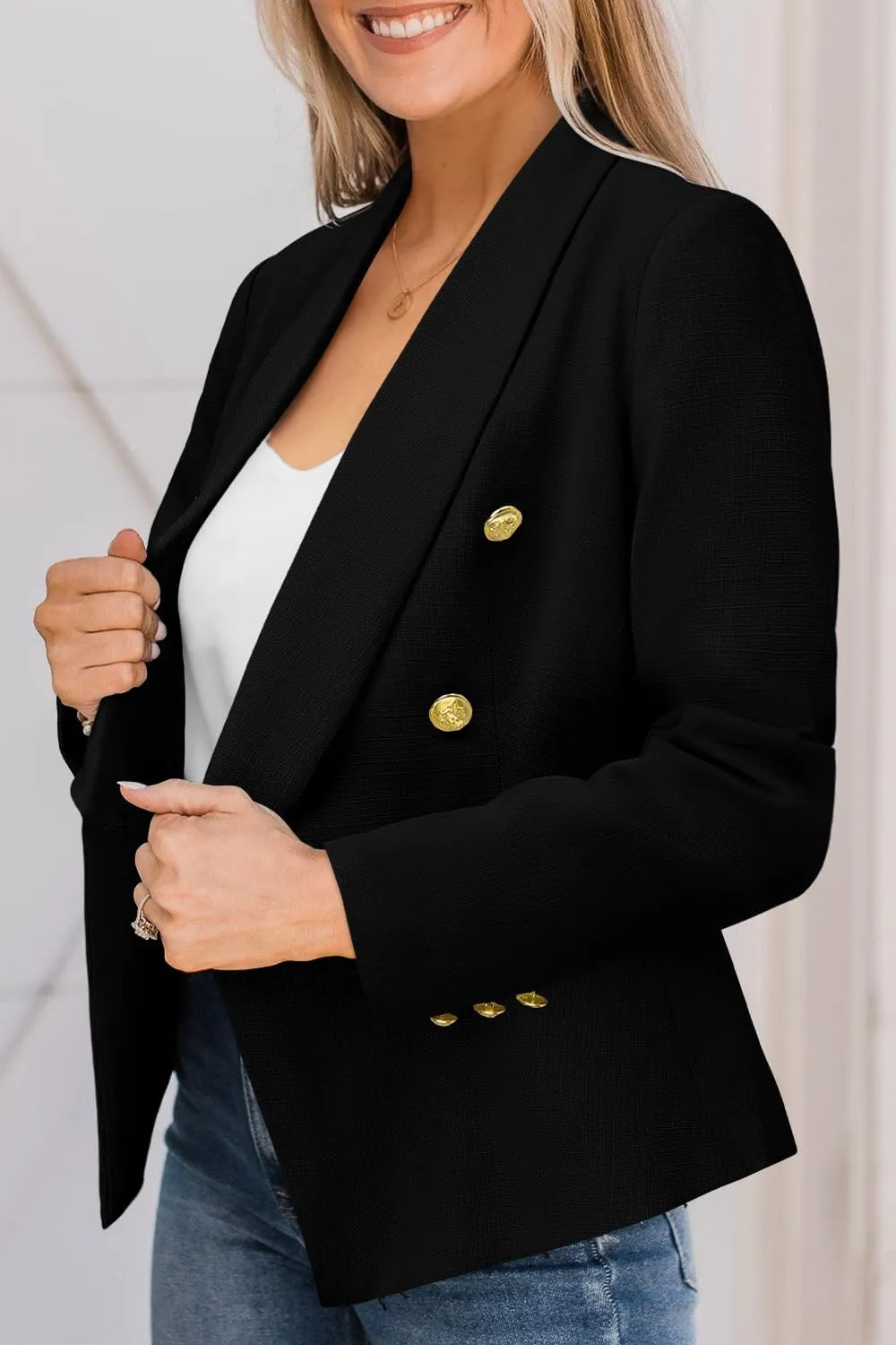 CRAZY GRID Womens Casual Blazer Jacket Gold Button Long Sleeve Work 0ffice Blazer Lapel Jacket