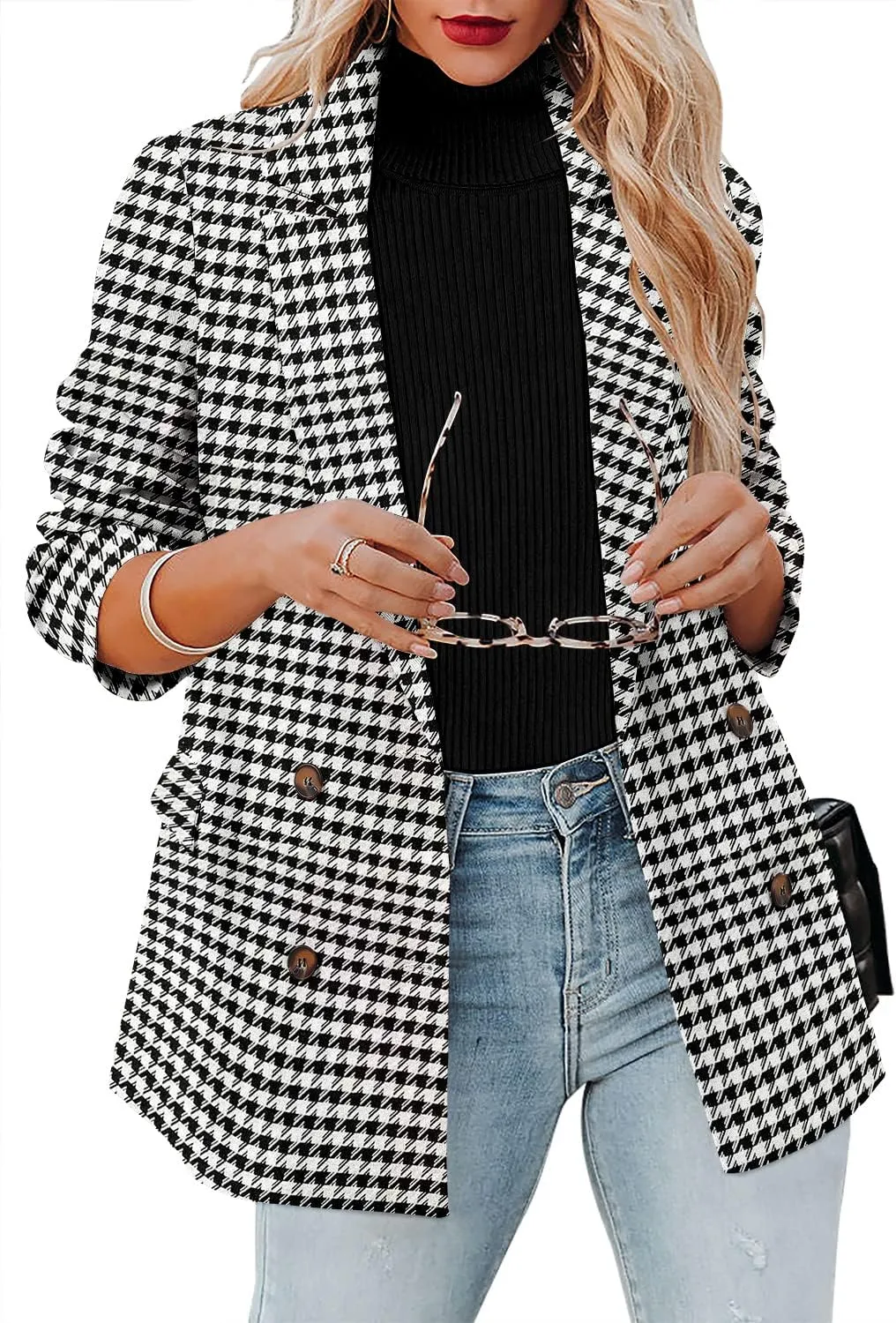 CRAZY GRID Womens Casual Blazer Jacket Long Sleeve Open Front Work Office Blazer Lapel Button Jacket