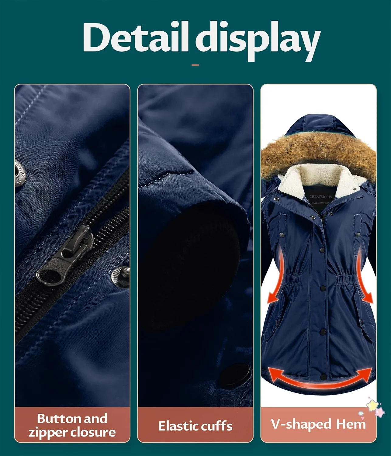 CREATMO US Girl's Long Winter Warm Parka Sherpa Trimmed Collar Puffer Ski Jacket Coat