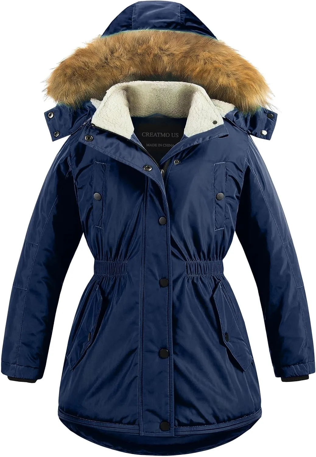 CREATMO US Girl's Long Winter Warm Parka Sherpa Trimmed Collar Puffer Ski Jacket Coat