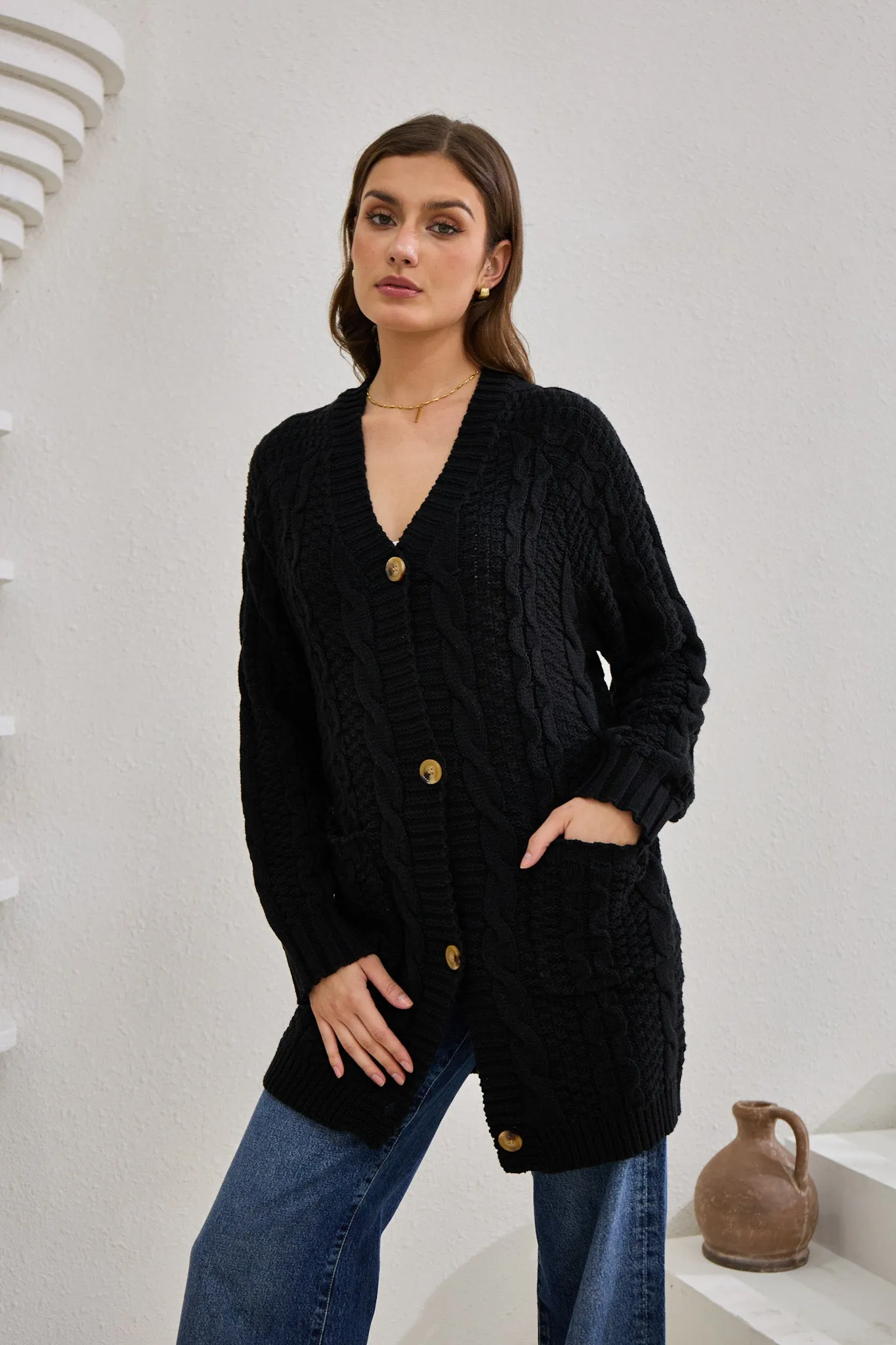 Dawn Black Longline Cable Knit Cardigan