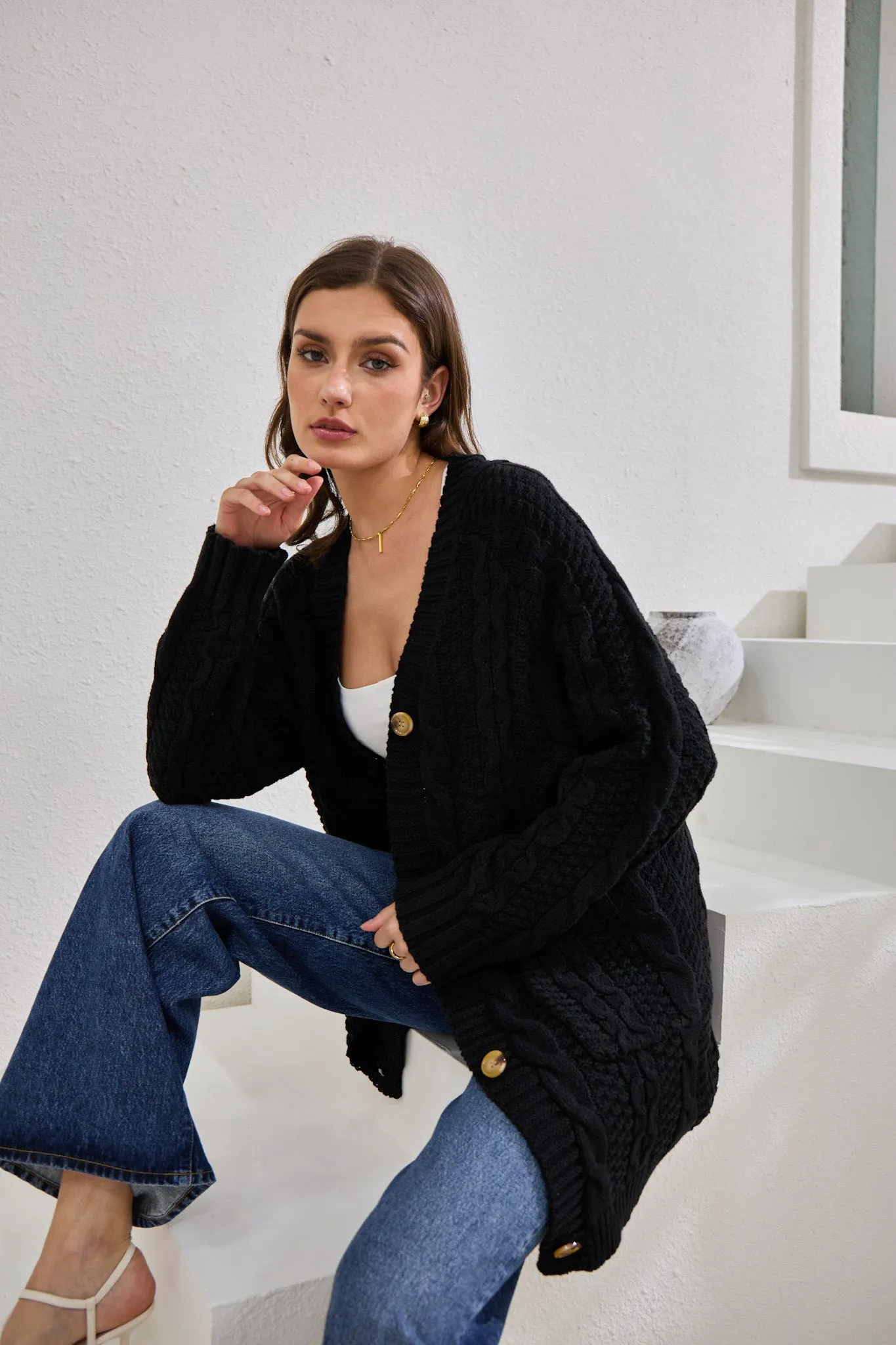 Dawn Black Longline Cable Knit Cardigan