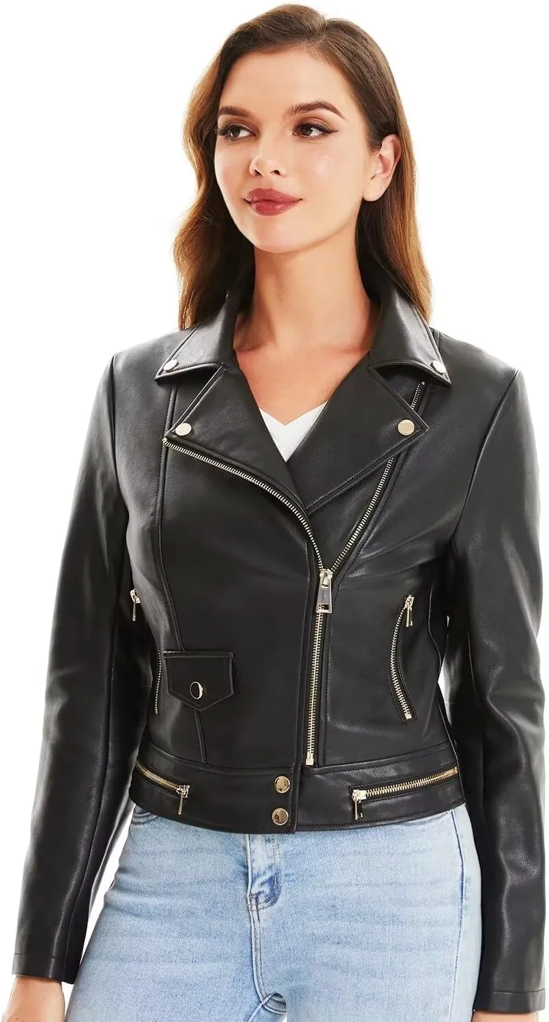 DIASHINY Faux Leather Jacket For Women Crop Short Cropped PU Slim Zip Up Moto Biker Coat Motorcycle Jackets