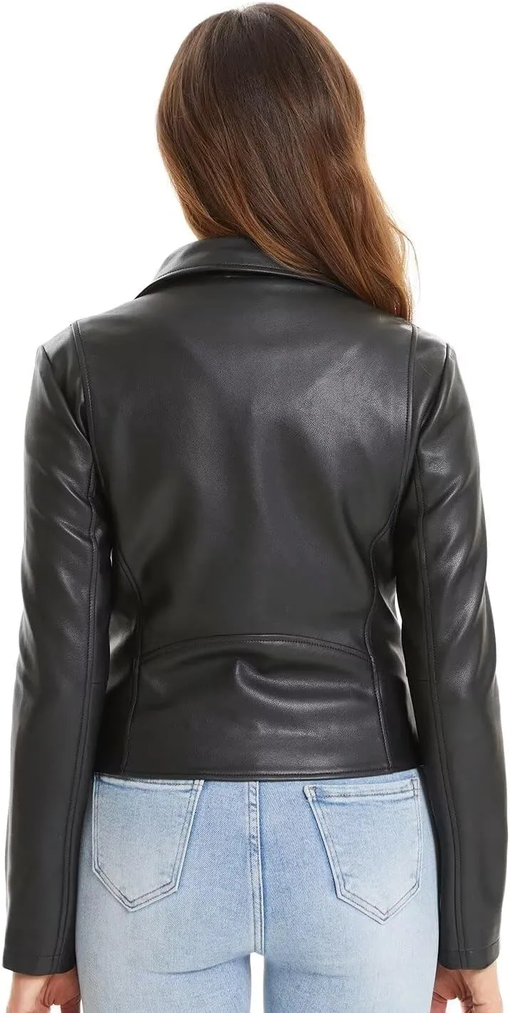 DIASHINY Faux Leather Jacket For Women Crop Short Cropped PU Slim Zip Up Moto Biker Coat Motorcycle Jackets