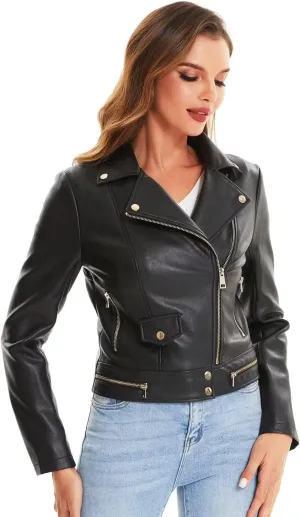 DIASHINY Faux Leather Jacket For Women Crop Short Cropped PU Slim Zip Up Moto Biker Coat Motorcycle Jackets