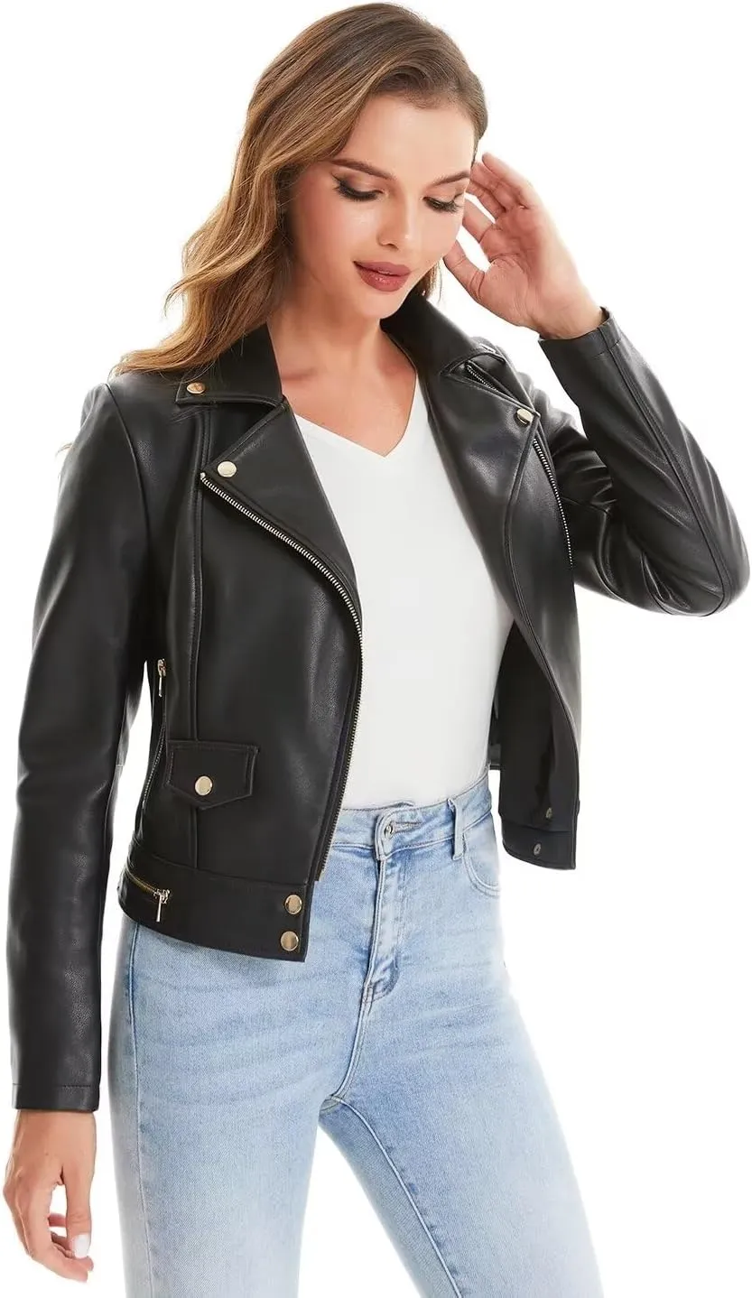 DIASHINY Faux Leather Jacket For Women Crop Short Cropped PU Slim Zip Up Moto Biker Coat Motorcycle Jackets