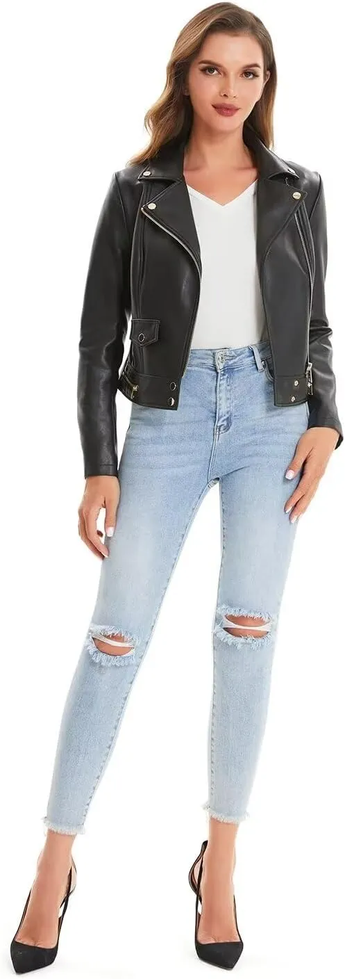 DIASHINY Faux Leather Jacket For Women Crop Short Cropped PU Slim Zip Up Moto Biker Coat Motorcycle Jackets