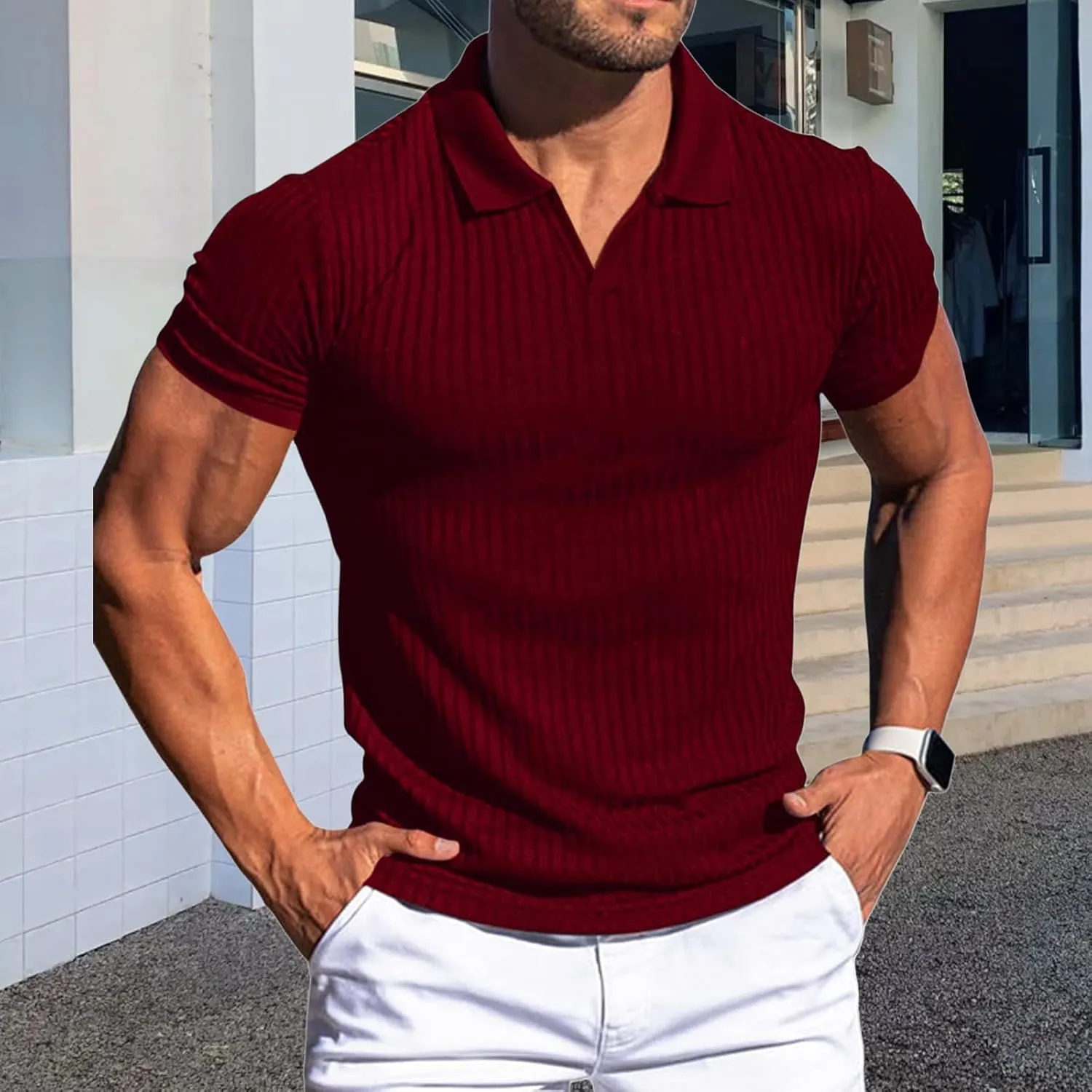 evzosrz Mens Short Sleeve Polo Shirts Slim Fit V Neck Muscle Tshirts Casual Ribbed Textured Stripe Knit Quick-Dry Golf Shirts