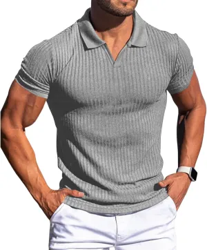 evzosrz Mens Short Sleeve Polo Shirts Slim Fit V Neck Muscle Tshirts Casual Ribbed Textured Stripe Knit Quick-Dry Golf Shirts