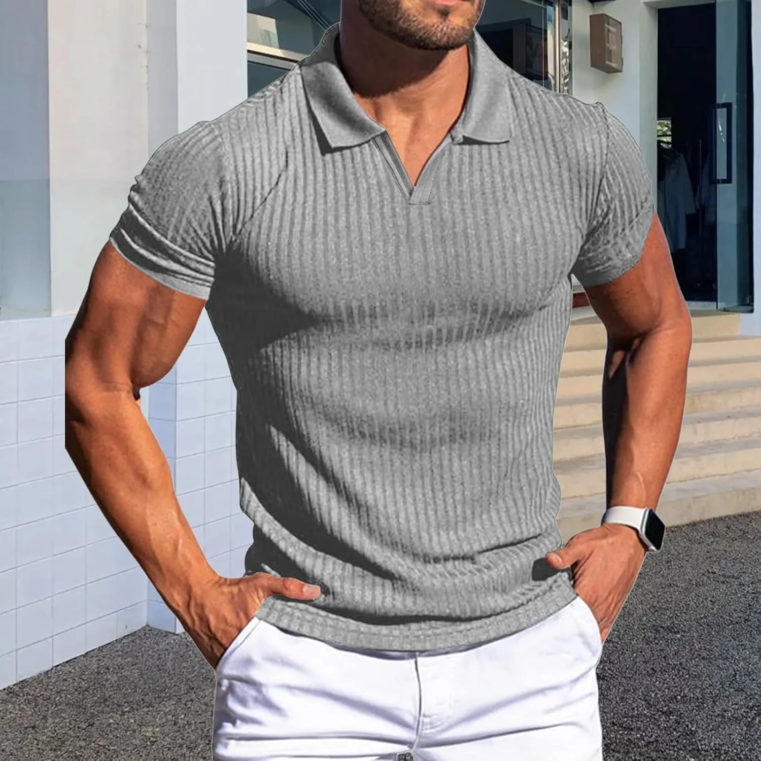 evzosrz Mens Short Sleeve Polo Shirts Slim Fit V Neck Muscle Tshirts Casual Ribbed Textured Stripe Knit Quick-Dry Golf Shirts