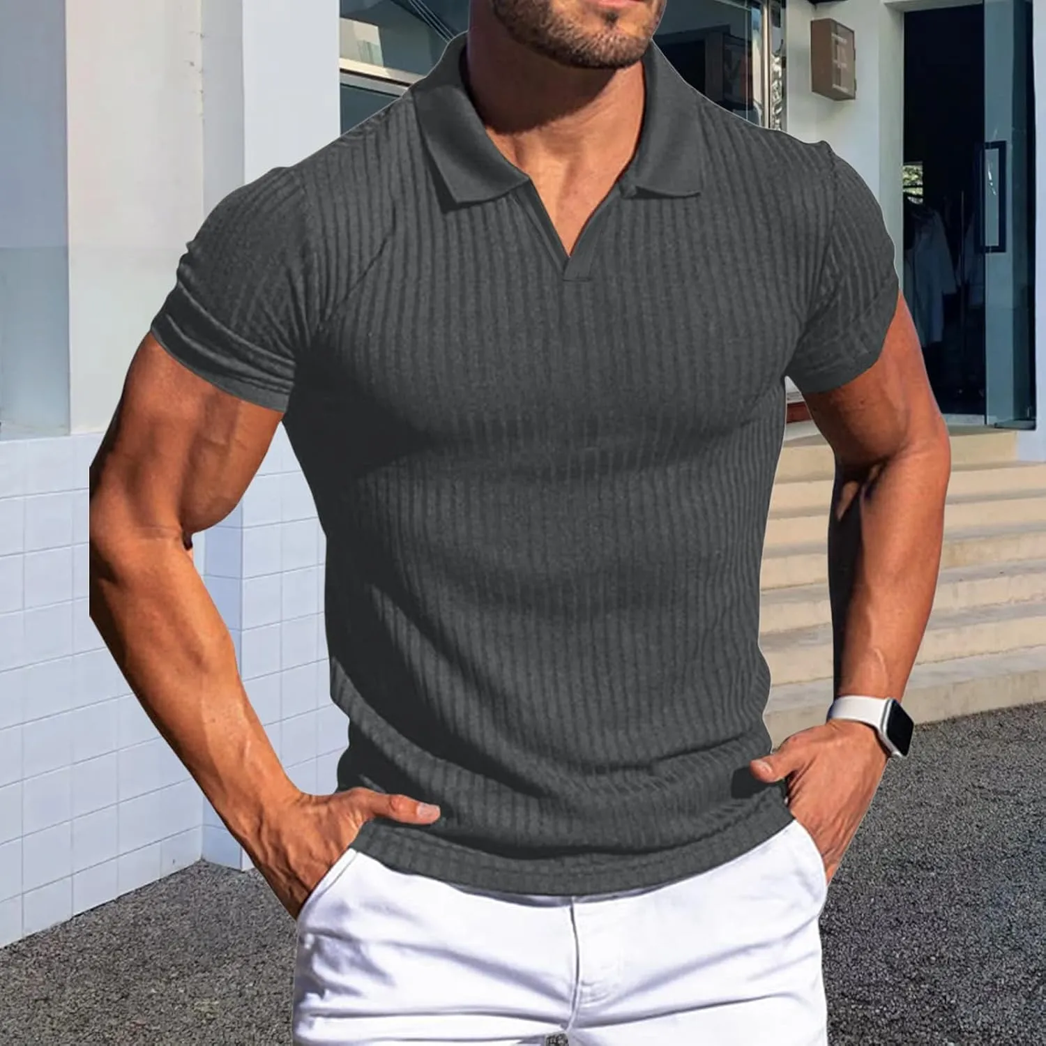 evzosrz Mens Short Sleeve Polo Shirts Slim Fit V Neck Muscle Tshirts Casual Ribbed Textured Stripe Knit Quick-Dry Golf Shirts