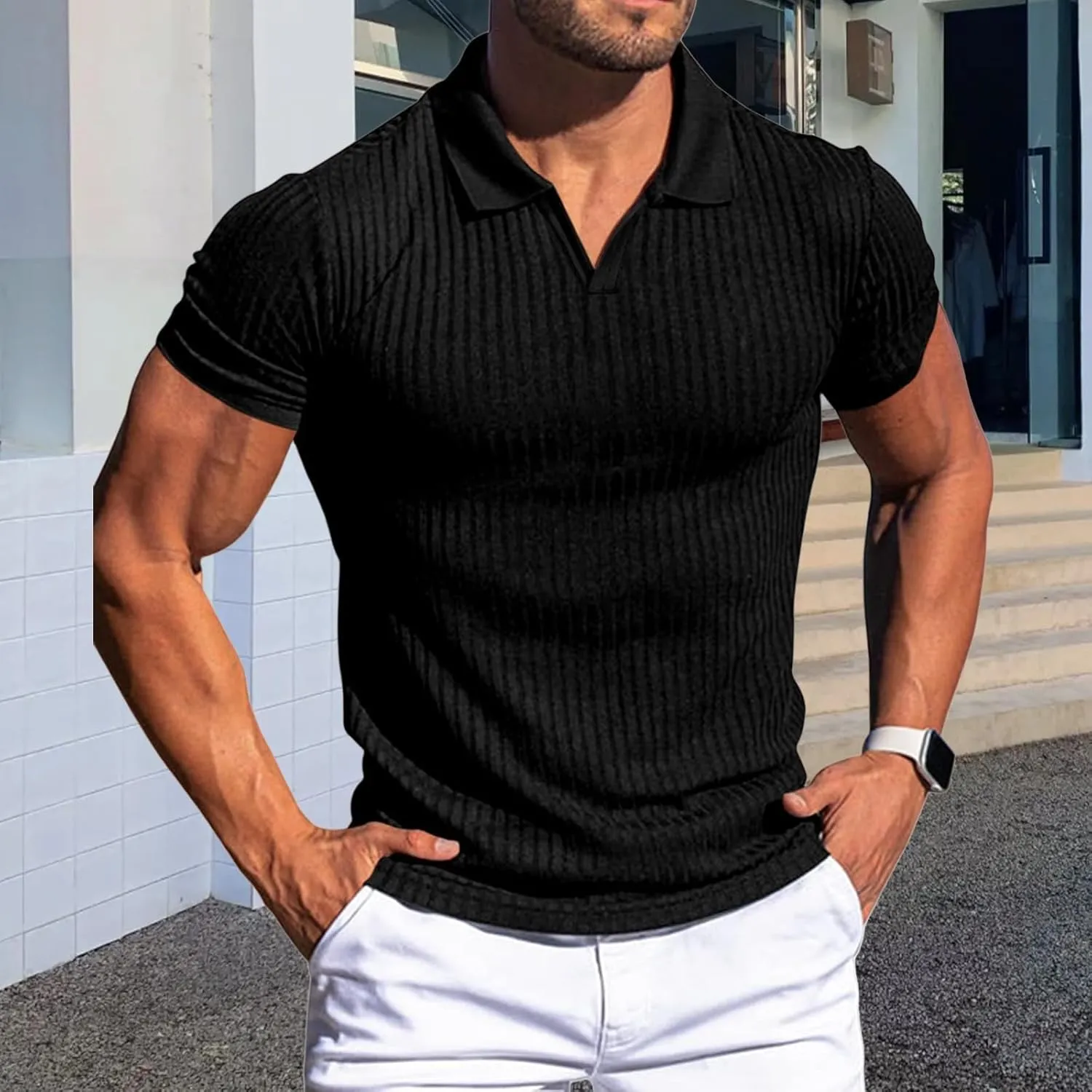 evzosrz Mens Short Sleeve Polo Shirts Slim Fit V Neck Muscle Tshirts Casual Ribbed Textured Stripe Knit Quick-Dry Golf Shirts