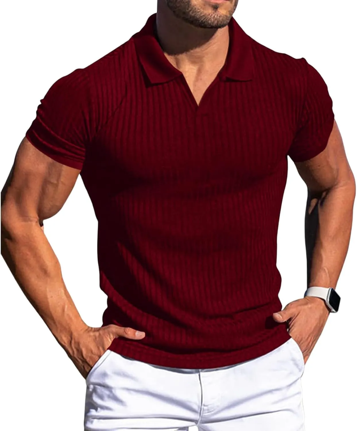 evzosrz Mens Short Sleeve Polo Shirts Slim Fit V Neck Muscle Tshirts Casual Ribbed Textured Stripe Knit Quick-Dry Golf Shirts