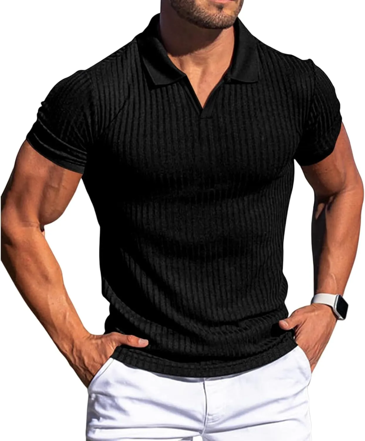 evzosrz Mens Short Sleeve Polo Shirts Slim Fit V Neck Muscle Tshirts Casual Ribbed Textured Stripe Knit Quick-Dry Golf Shirts