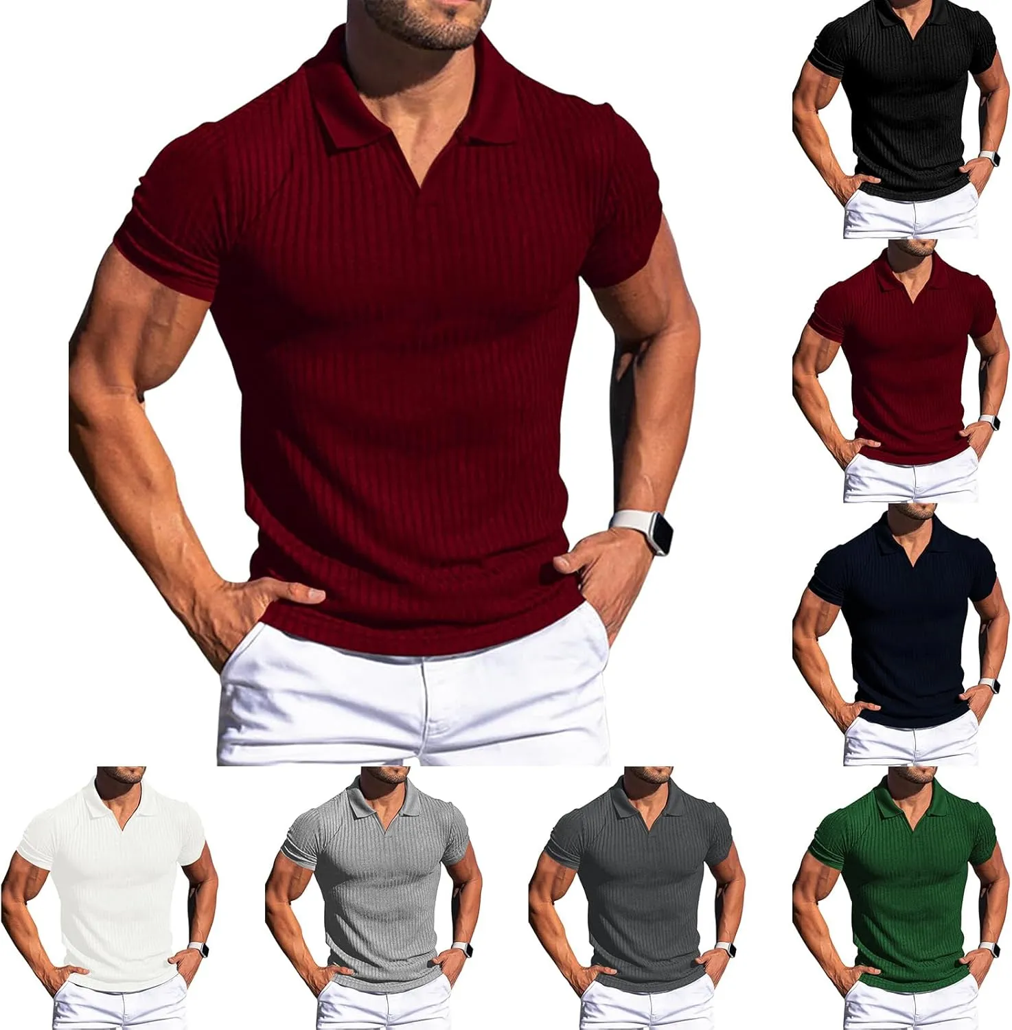 evzosrz Mens Short Sleeve Polo Shirts Slim Fit V Neck Muscle Tshirts Casual Ribbed Textured Stripe Knit Quick-Dry Golf Shirts