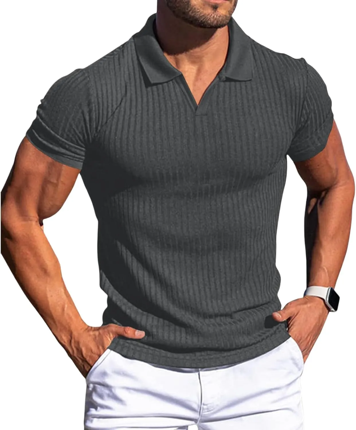 evzosrz Mens Short Sleeve Polo Shirts Slim Fit V Neck Muscle Tshirts Casual Ribbed Textured Stripe Knit Quick-Dry Golf Shirts