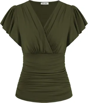 GRACE KARIN 2025 Womens Tops Summer Wrap Blouse V Neck Ruffle Sleeve Dressy Casual Top Ruched Trendy Clothes