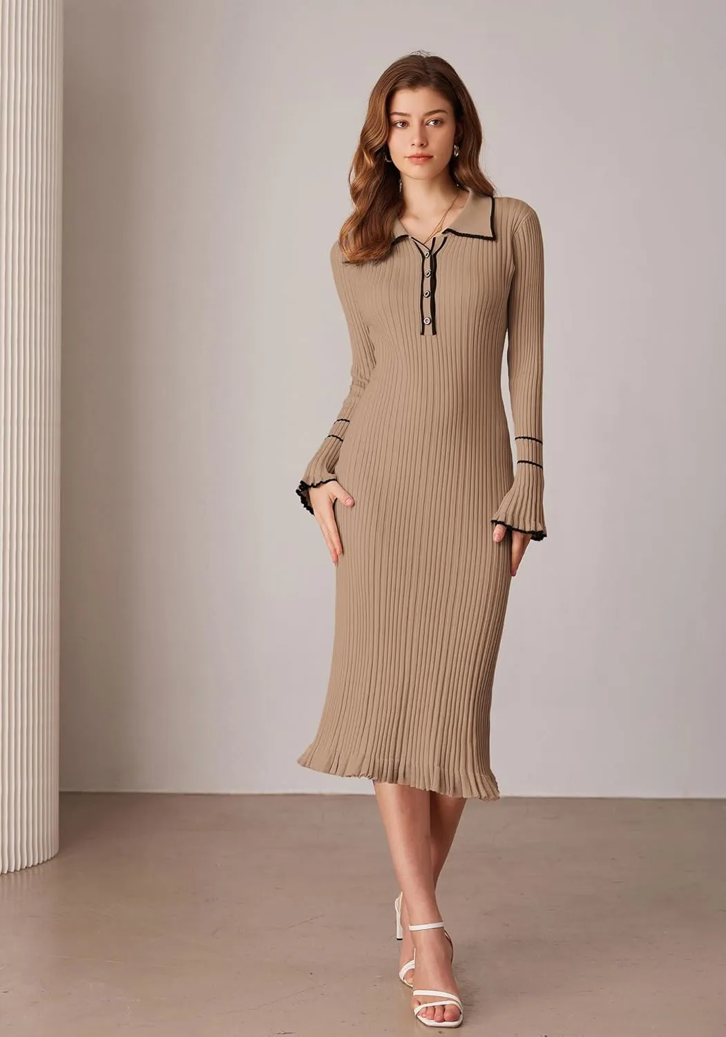 GRACE KARIN Women's 2024 Long Sleeve Sweater Dress Button Knit Slim Fit Casual V Neck Elegant Bodycon Midi Dresses