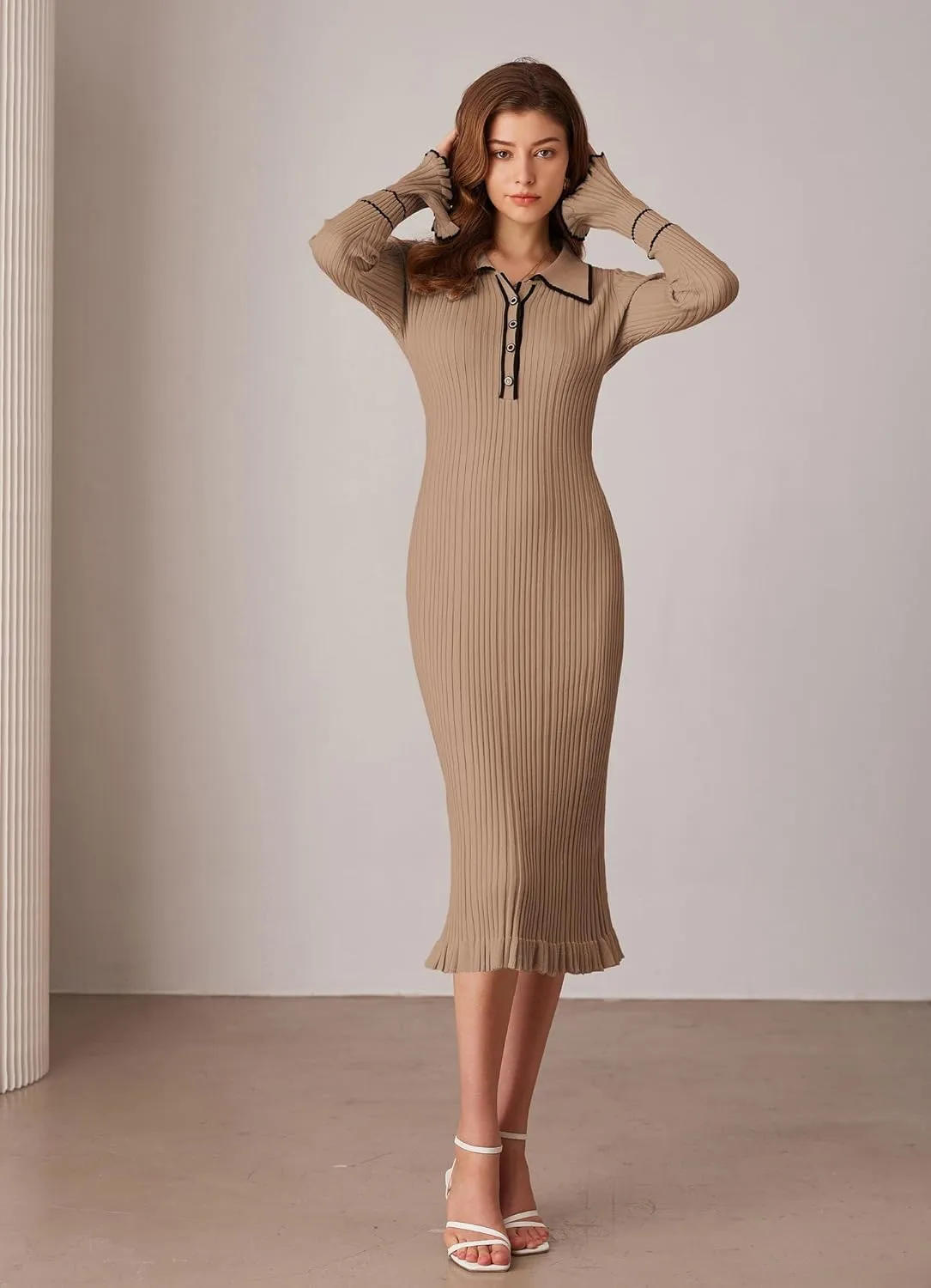 GRACE KARIN Women's 2024 Long Sleeve Sweater Dress Button Knit Slim Fit Casual V Neck Elegant Bodycon Midi Dresses